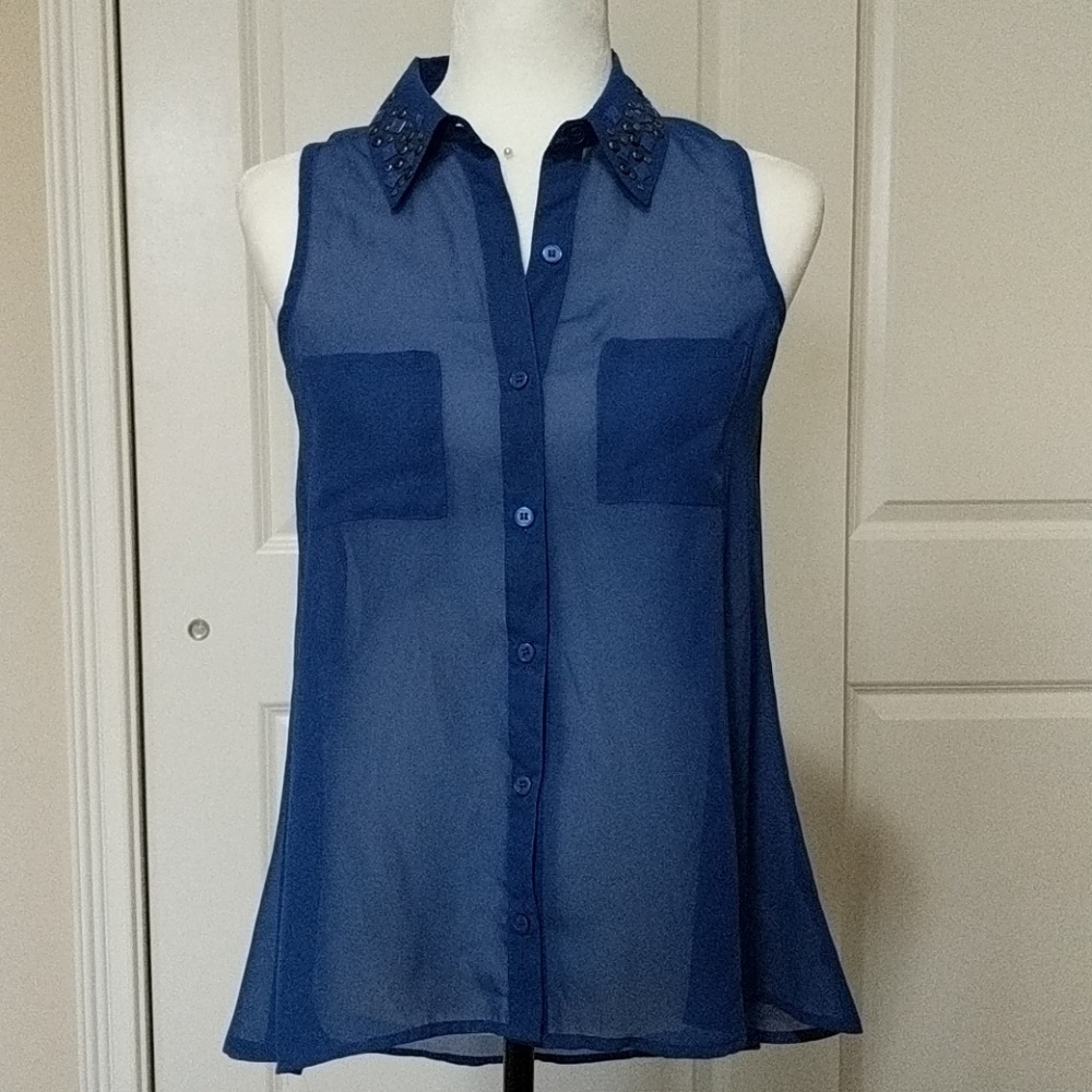 Blue Sheer Sleeveless Button Down Blouse Small